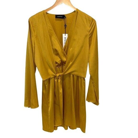 MINKPINK Womens V-Neck Bell Sleeve Tie Wrap Front Mini Dress Marigold Small NWT - Picture 2 of 8